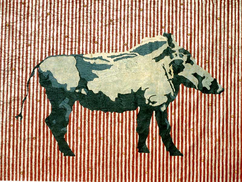 Wrattenzwijn - 150 x 110 cm - acryl en eikeldoppen op papier - 2000, collectie Jeannette Schoonderbeek