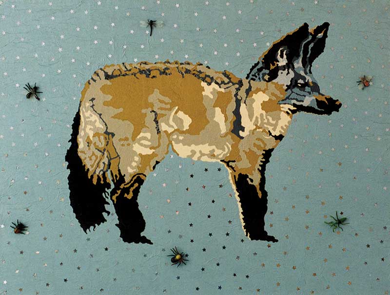 Grootoorvos - 100 x 75 cm - 2001 - acryl, plastic beestjes en zilveren confetti-sterren op papier op doek - collectie Ingrid Wolsing en Floris Zwarteveen